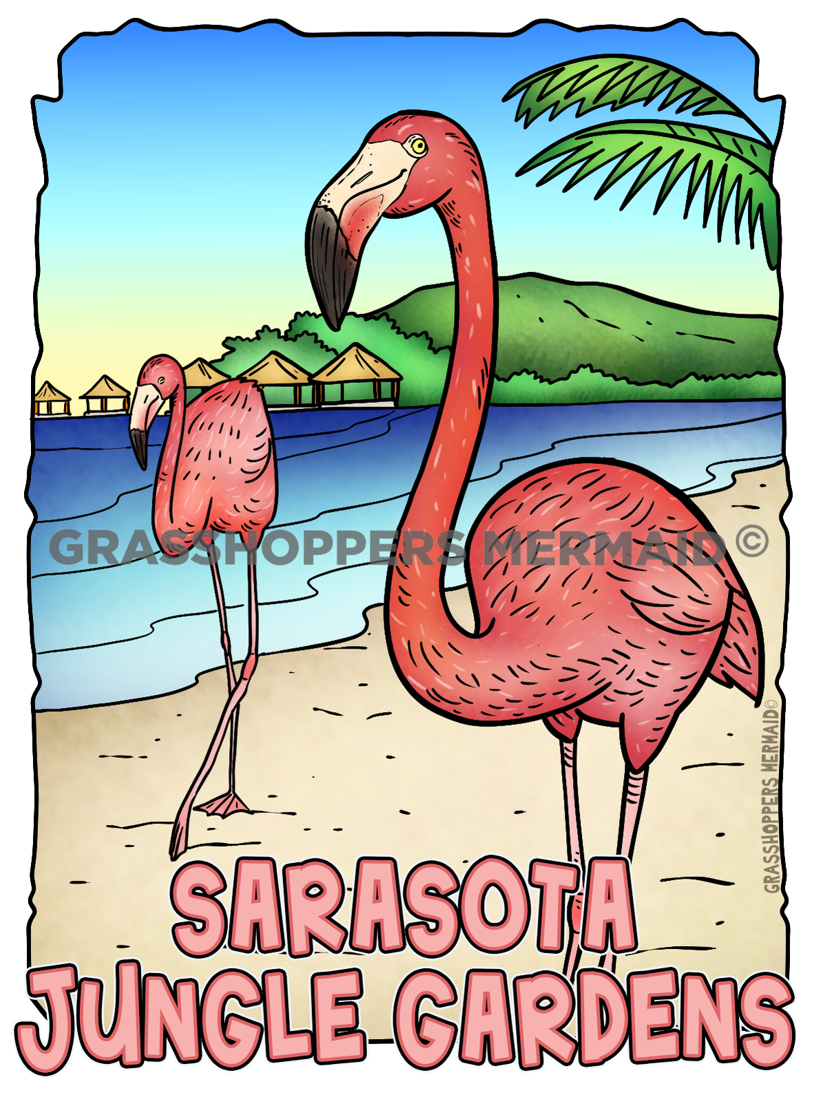 Beach Stroll Flamingos