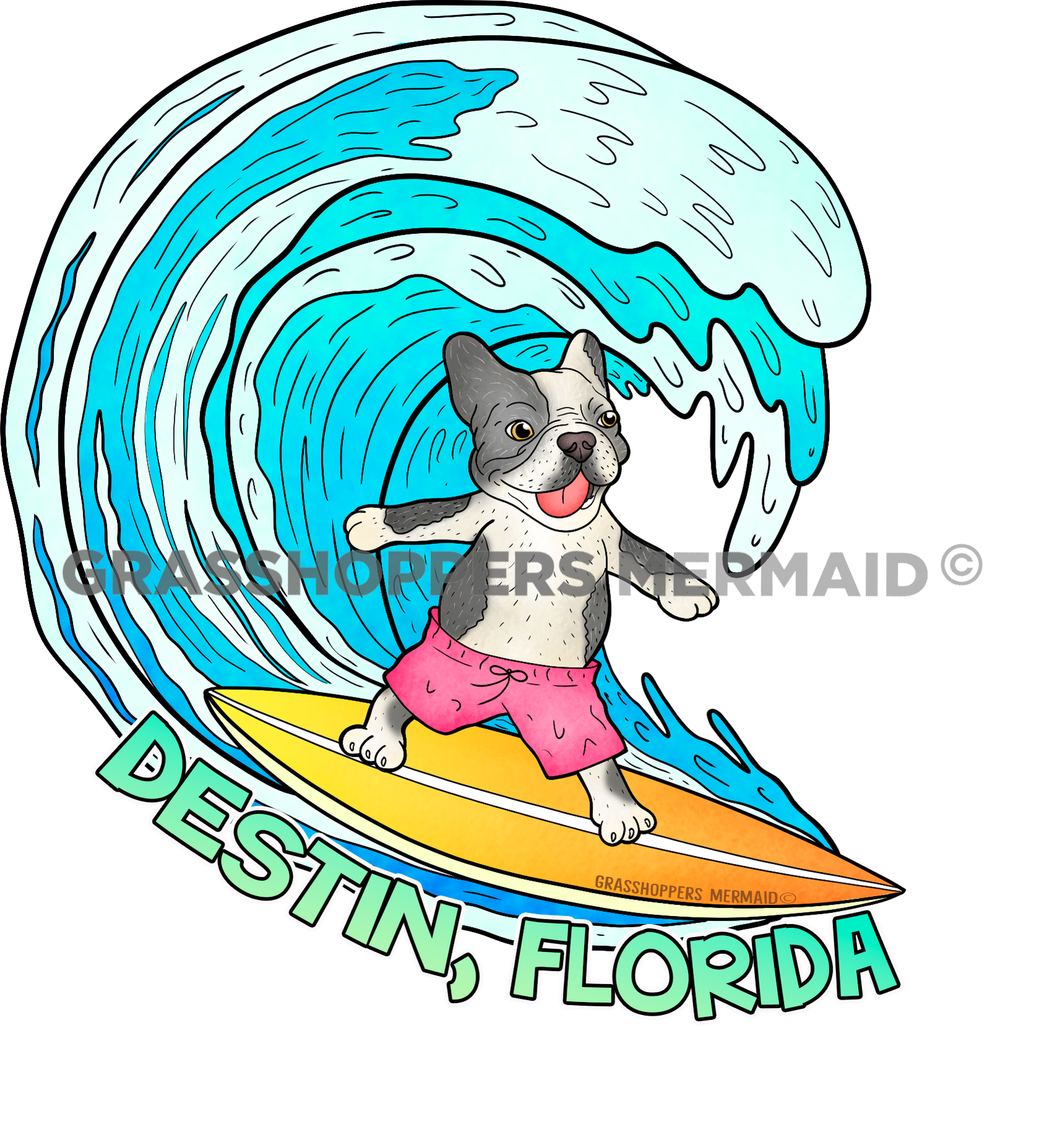 Bull Dog waves - Surfing Dog Sticker