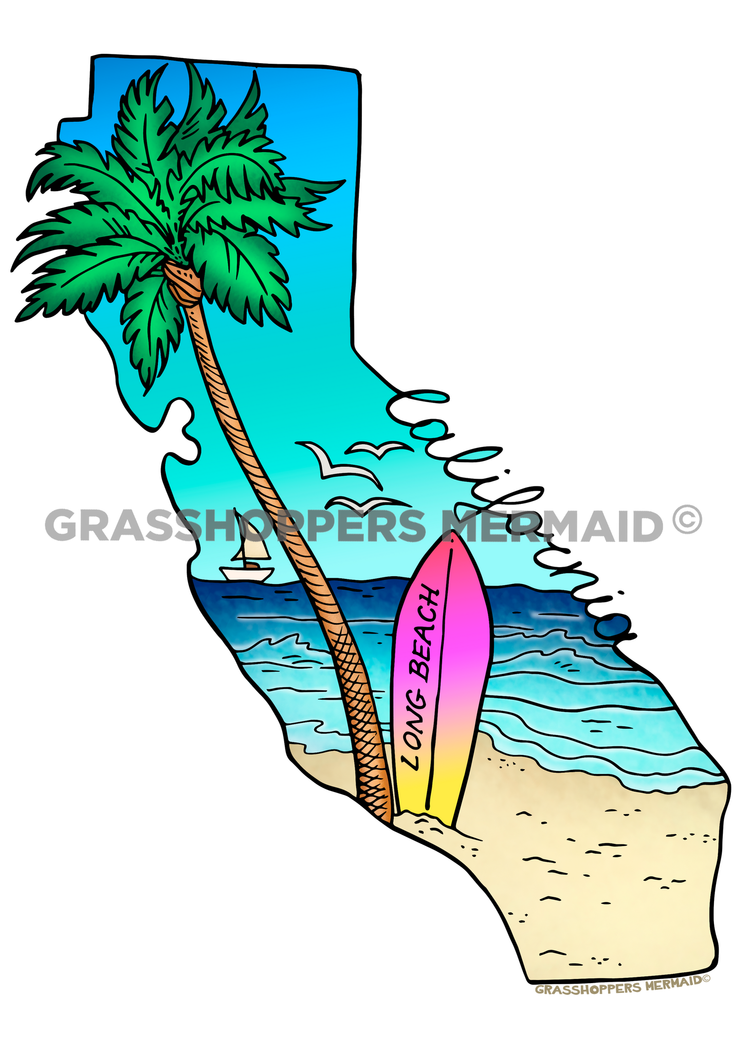 California Outline with Beach Scene