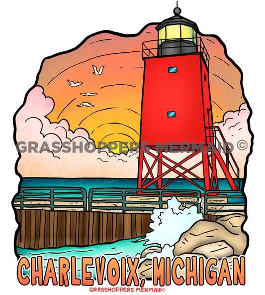 Charlevoix South Pier Lighthouse Sticker | Waterproof Vinyl Sticker & Laptop Decal | Weatherproof Art