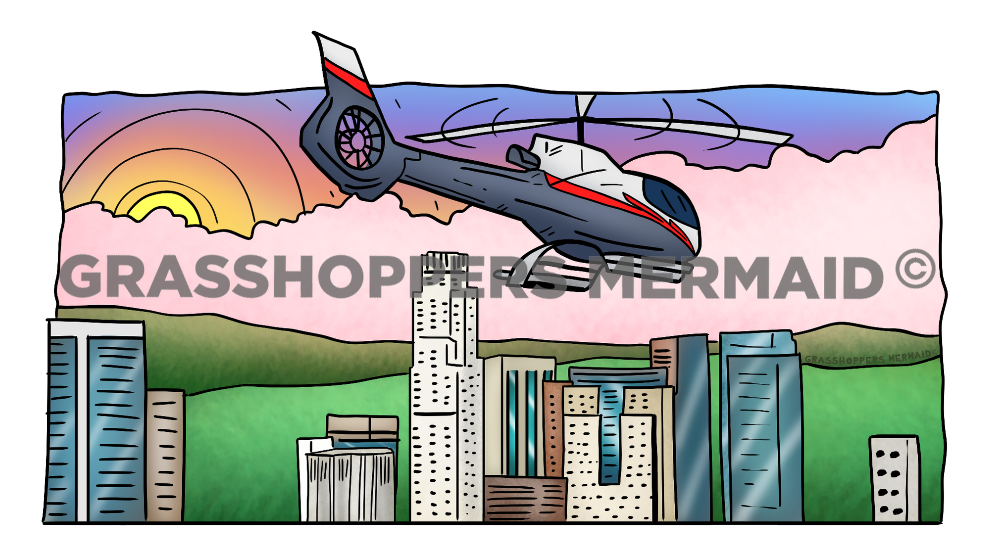 Downtown LA Sunset with Helicopter