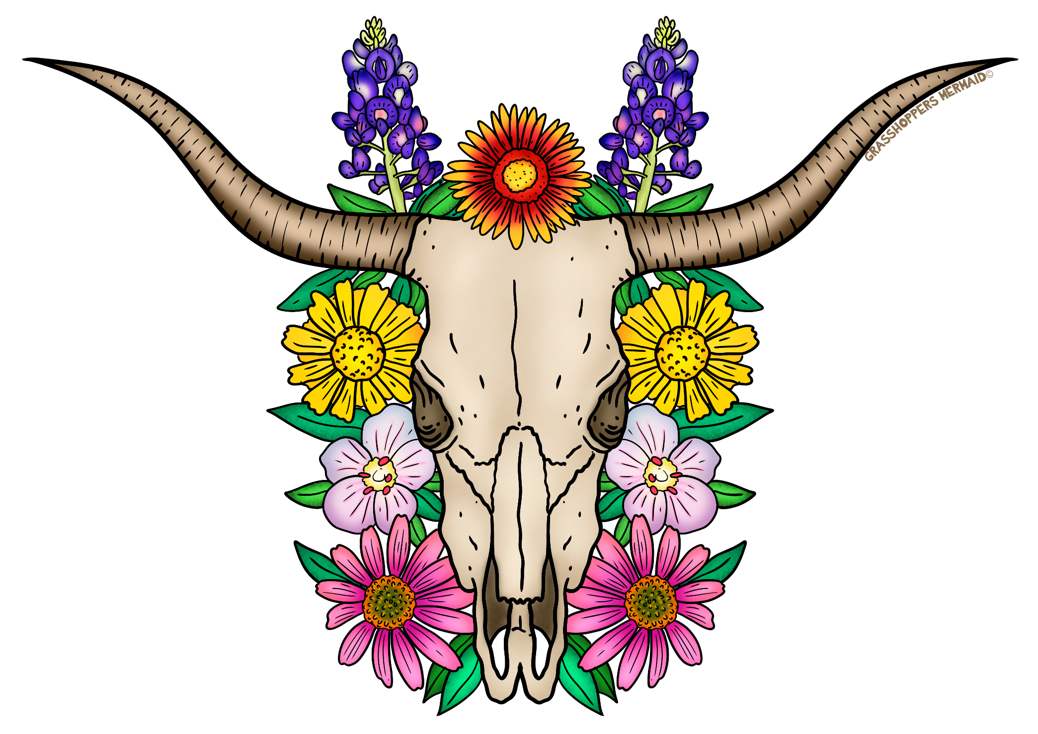 Floral Longhorn Skull