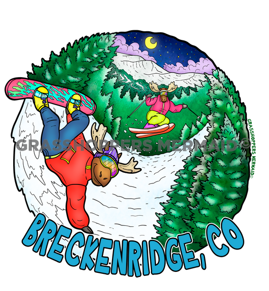 A circular sticker featuring a moose in a red jacket doing a snowboard hand-plant and another moose skiing on a snowy mountain with "Breckenridge, CO" in blue text.