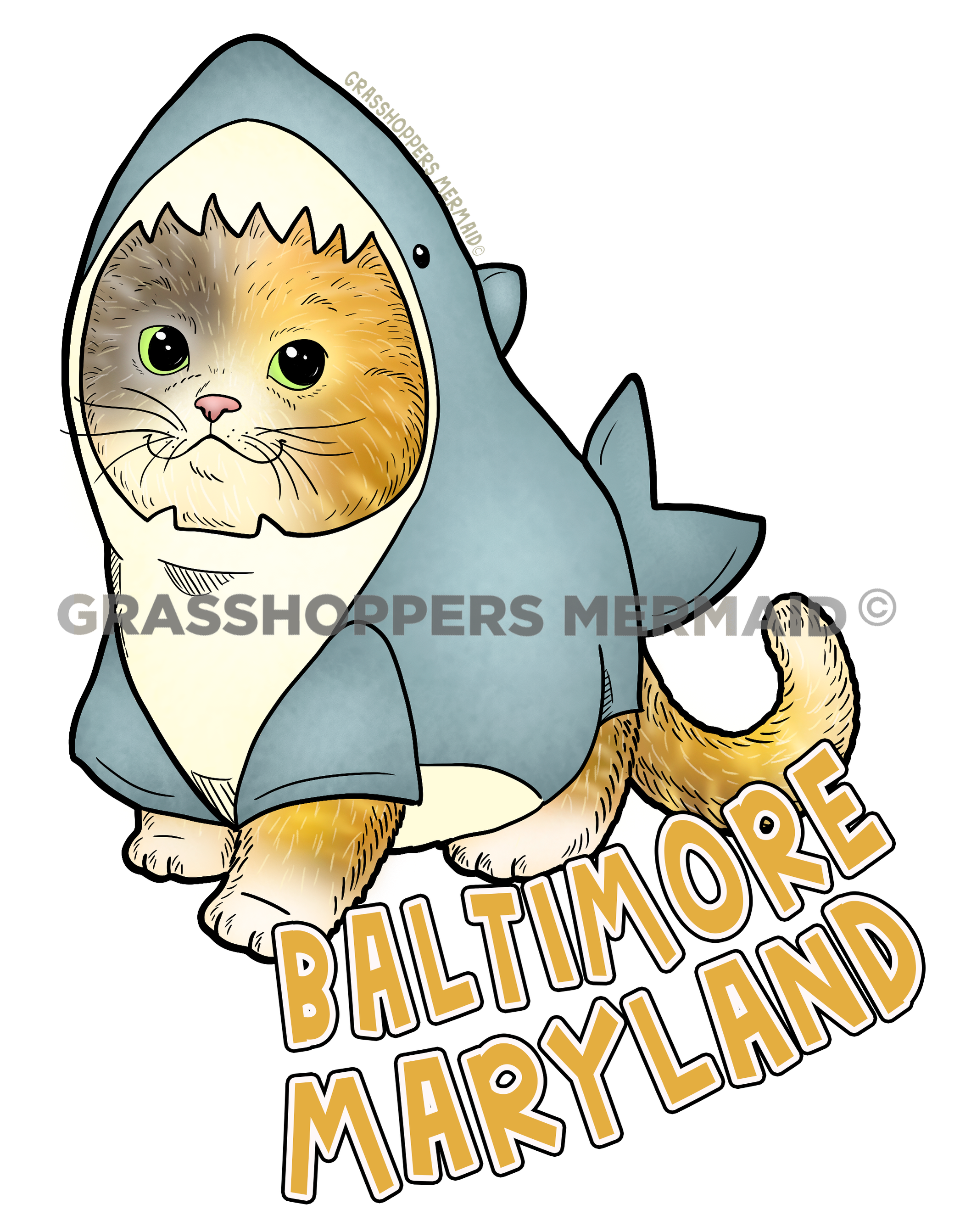 A funny sticker of an orange fluffy cat wearing a blue shark costume with "Baltimore Maryland" written in yellow-outlined letters.