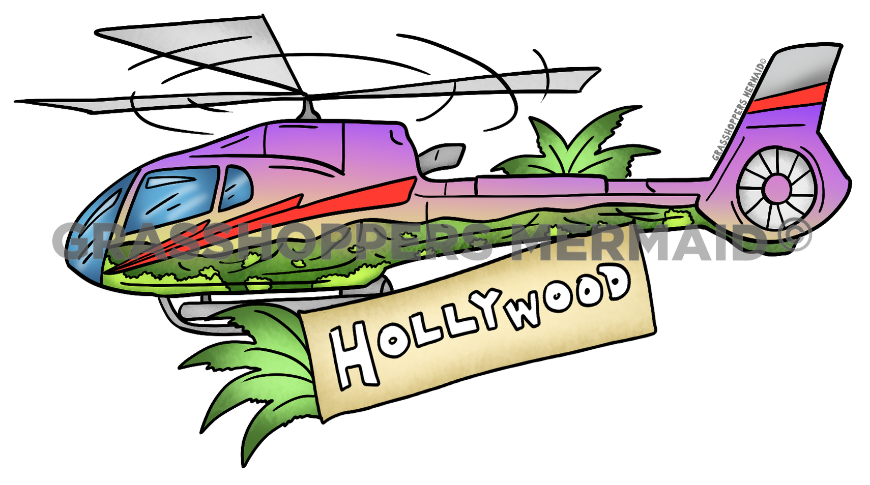 Helicopter with Green Mountains