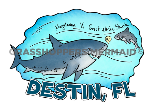 A blue ocean-themed sticker featuring a large Megalodon shark and a small Great White Shark saying "Hi!" with "Destin, FL" written at the bottom.