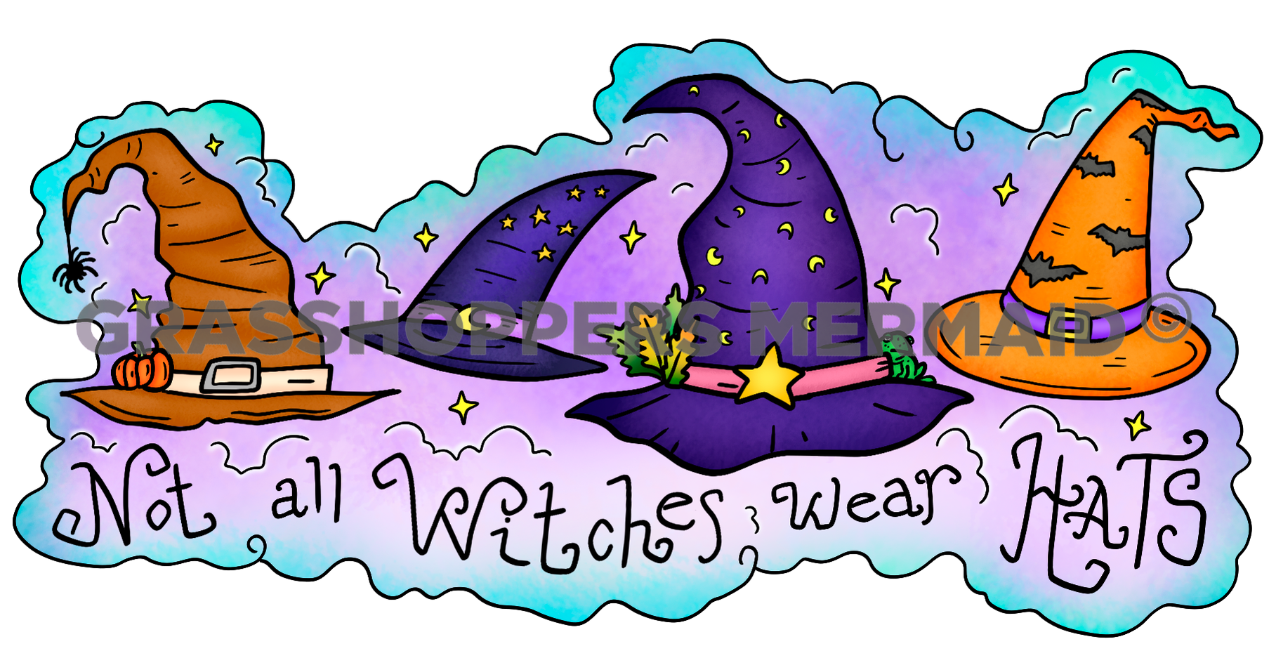 A horizontal artistic sticker featuring four different colorful witch hats on a purple and teal cloud with the text "Not all Witches wear HATS" written in whimsical script.