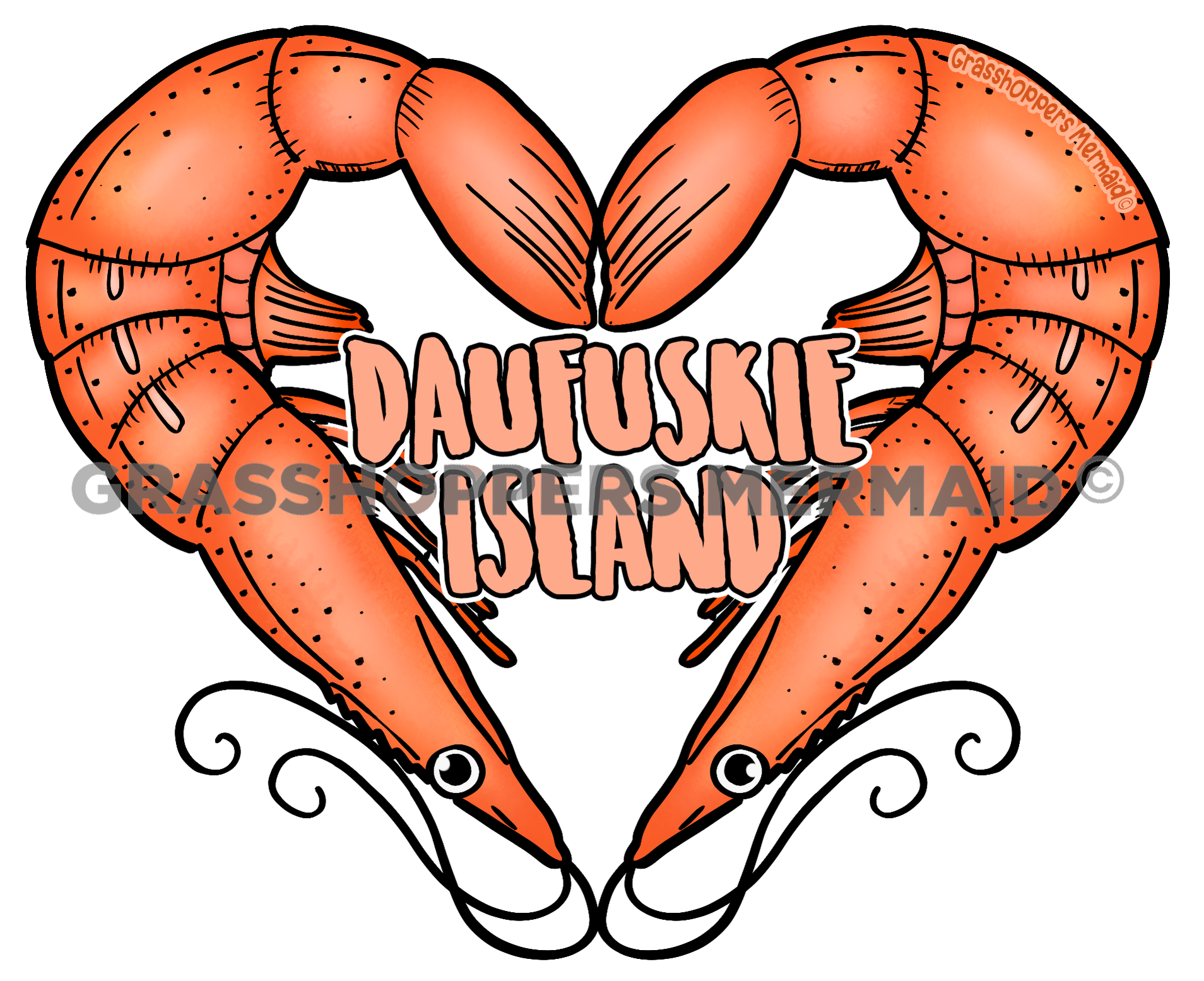 An artistic sticker featuring two orange shrimp forming a heart shape around the text "Daufuskie Island" with black swirling accents at the bottom.