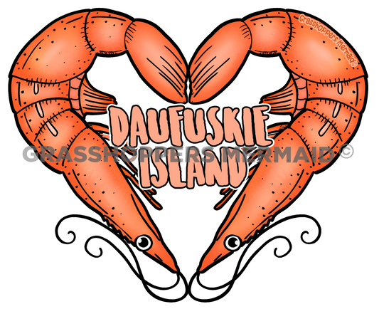 An artistic sticker featuring two orange shrimp forming a heart shape around the text "Daufuskie Island" with black swirling accents at the bottom.