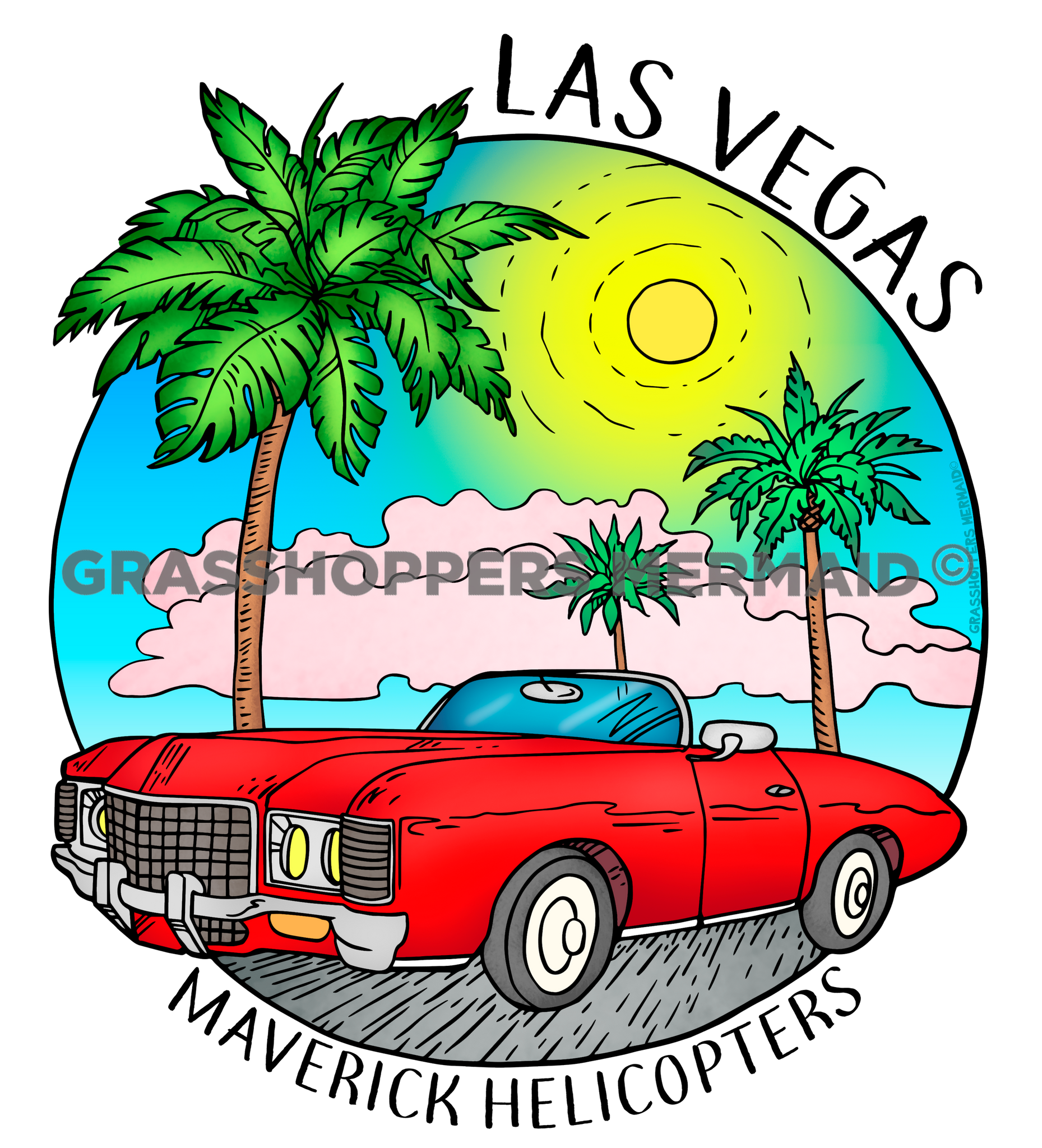 Vintage Red Car & Palm Trees