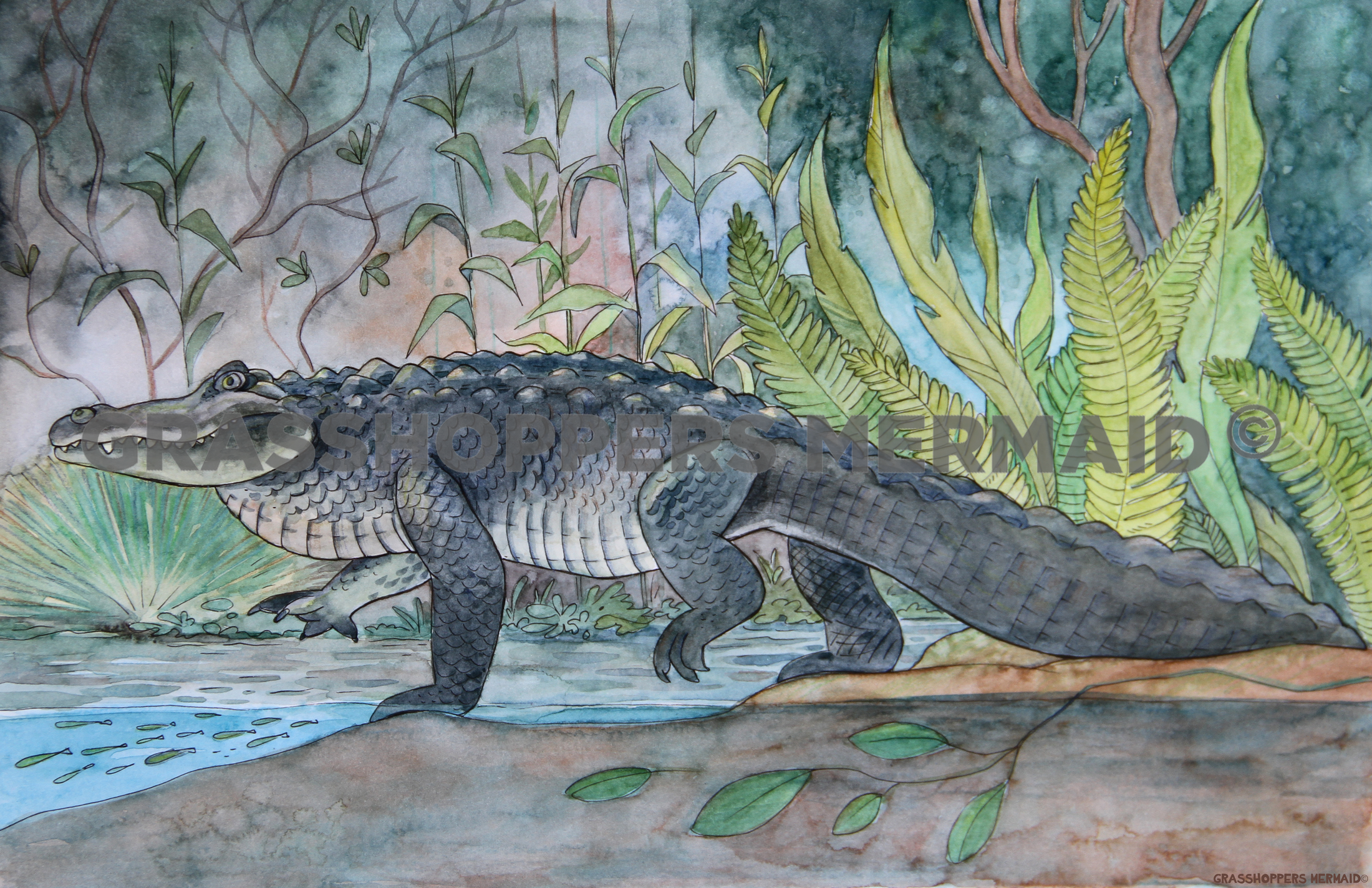 Watercolor Alligator Stroll