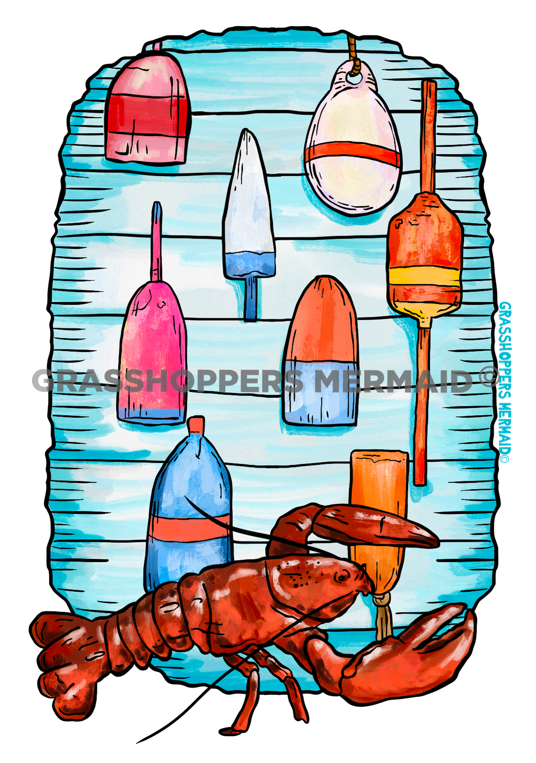 Watercolor Buoys & Lobster