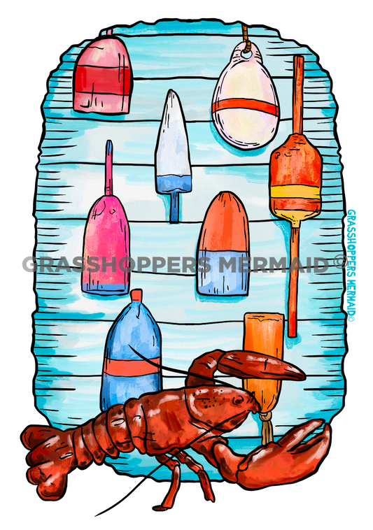 Watercolor Buoys & Lobster