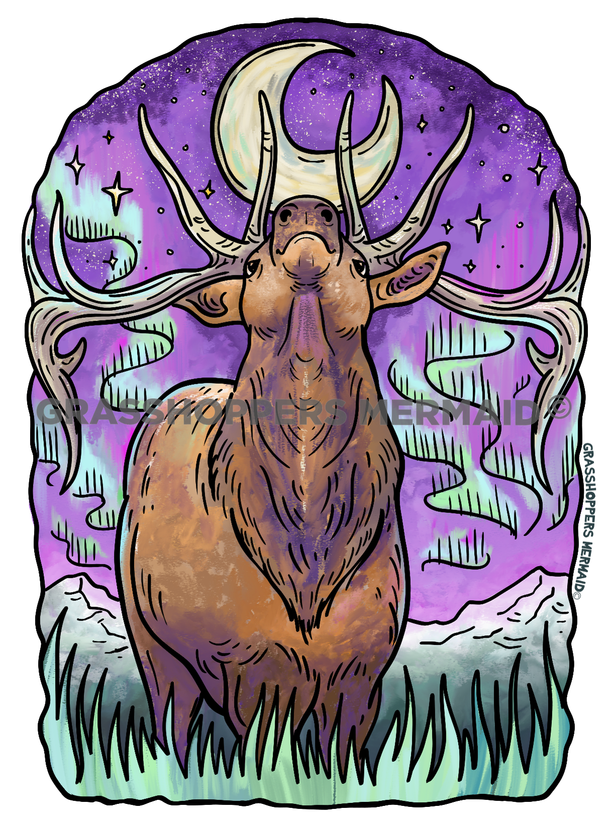 Watercolor Northern Lights Elk