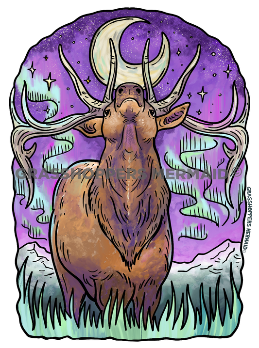 Watercolor Northern Lights Elk