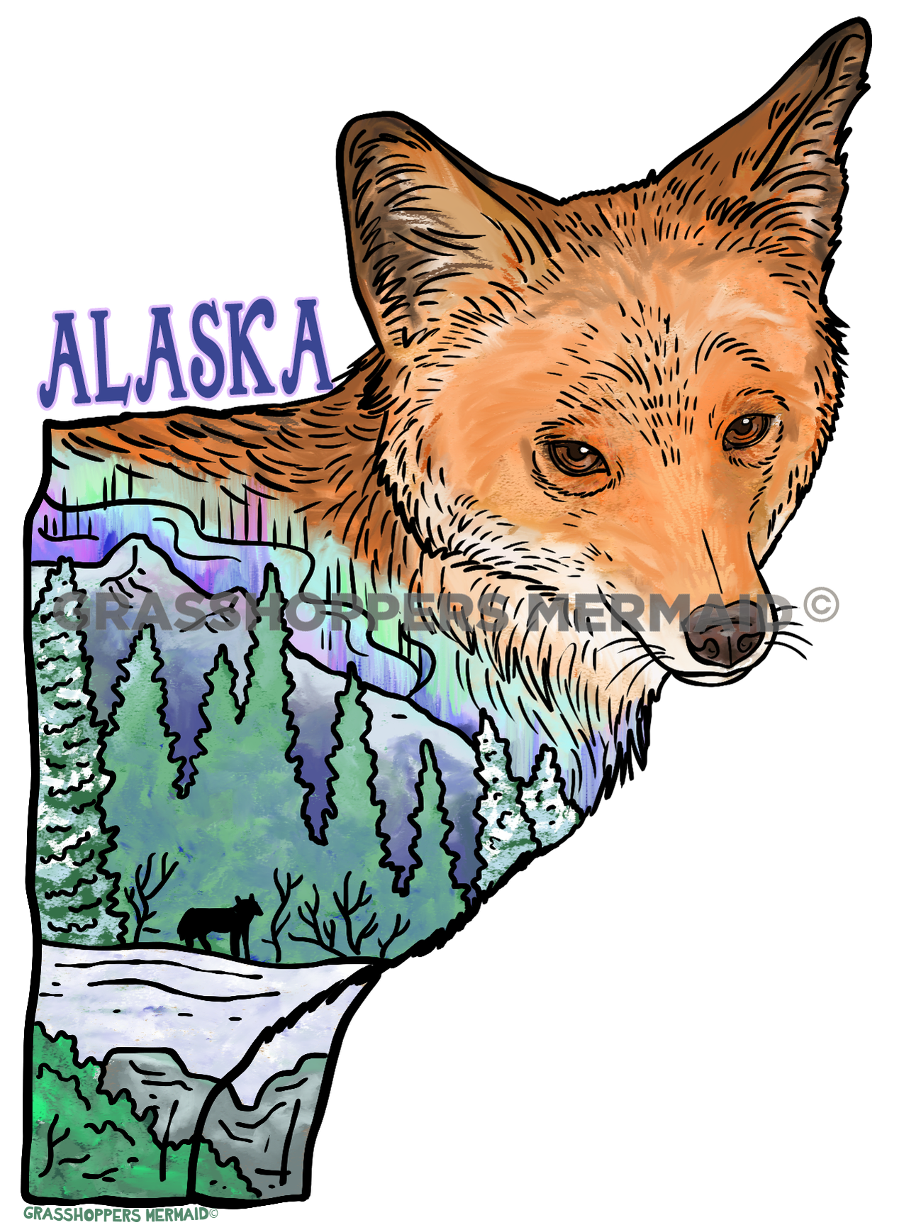 Watercolor Northern Lights Fox