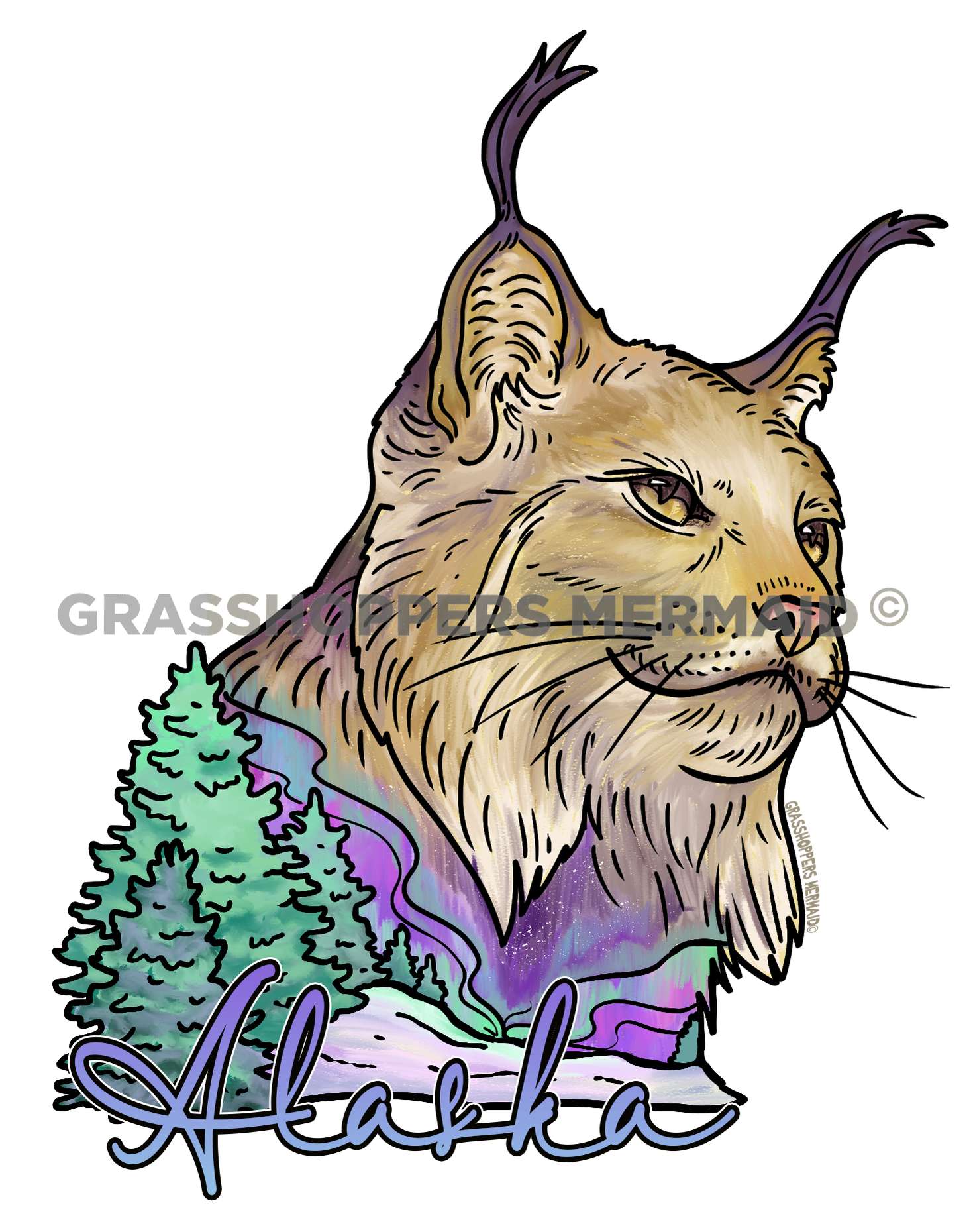 Watercolor Northern Lights Lynx