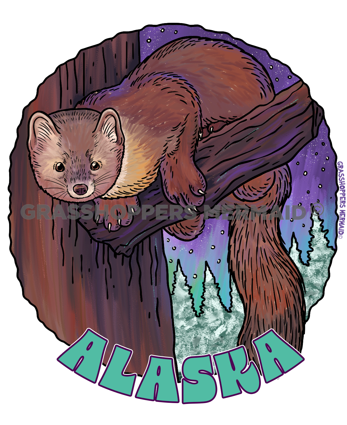 Watercolor Northern Lights Pine Marten