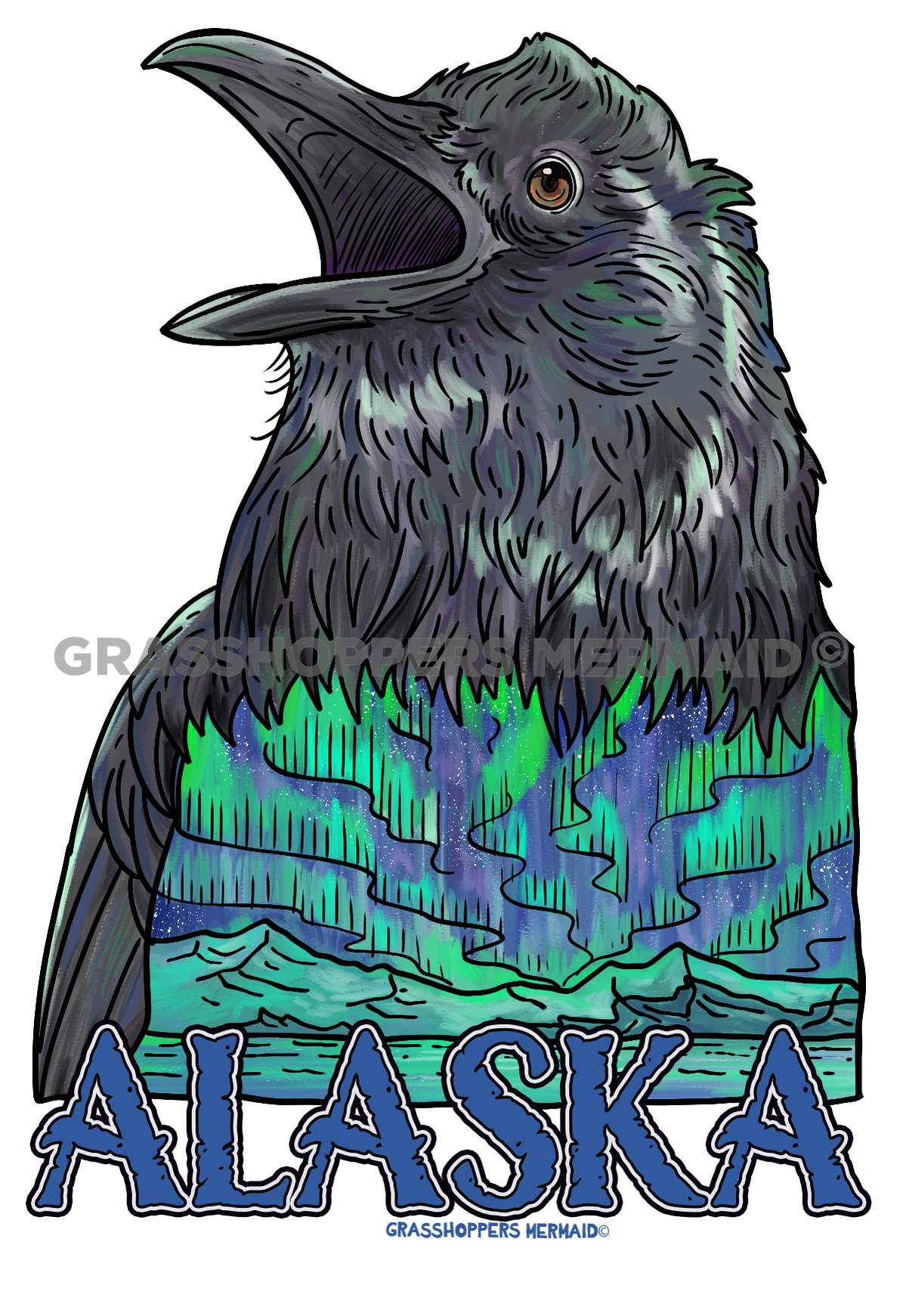 Watercolor Northern Lights Raven