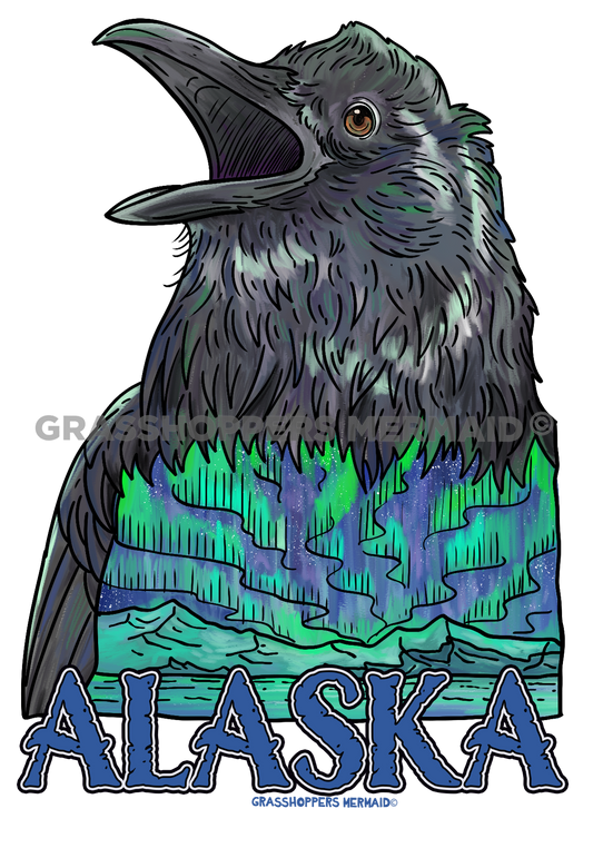 Watercolor Northern Lights Raven