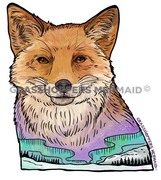 Watercolor Northern Lights Red Fox