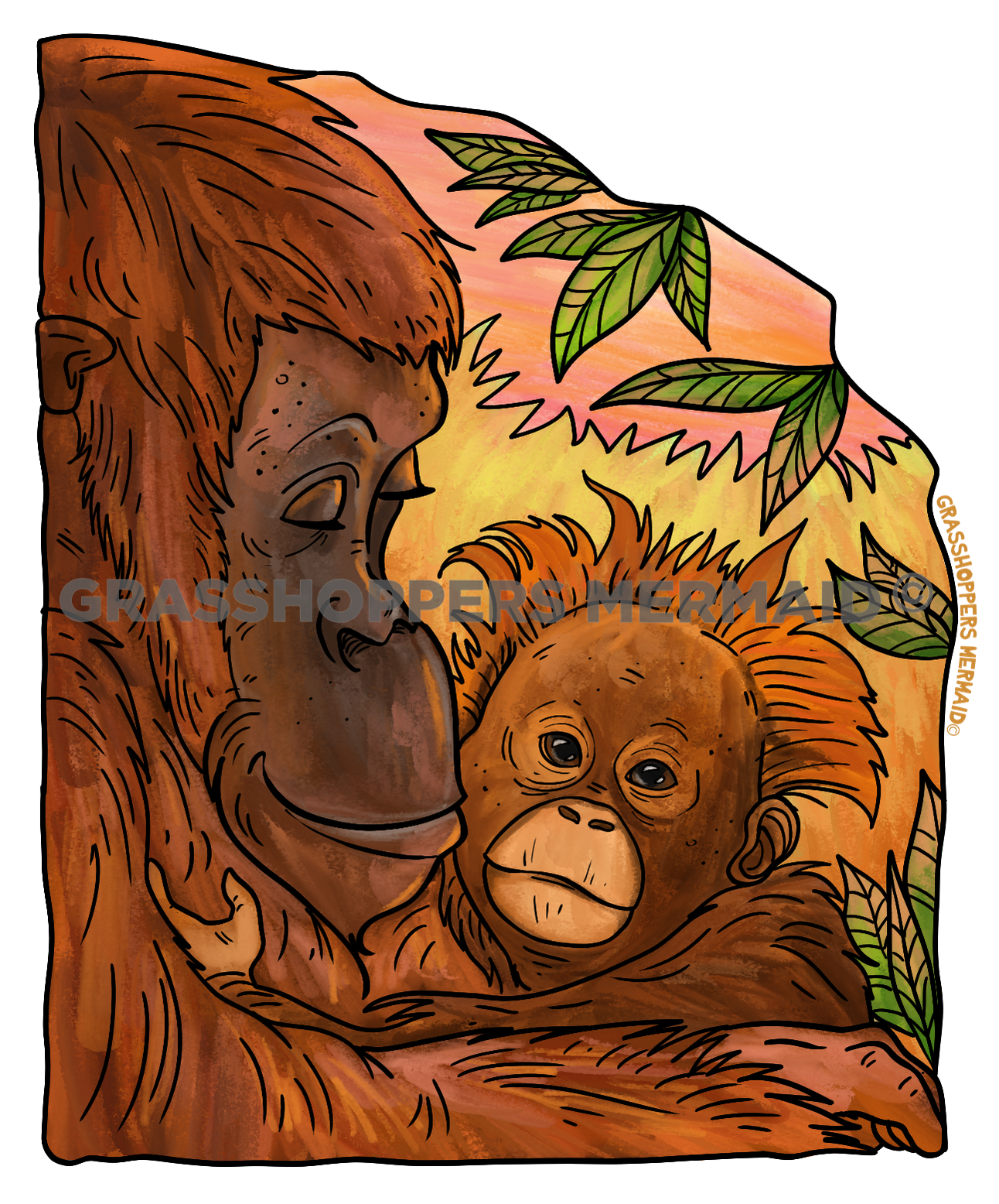 Watercolor Orangutan Sunset Fam