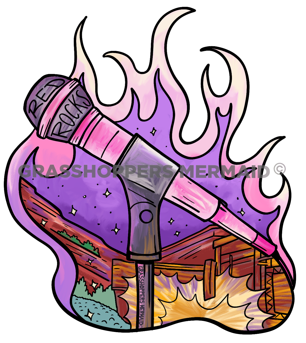 Watercolor Red Rocks Purple Flames