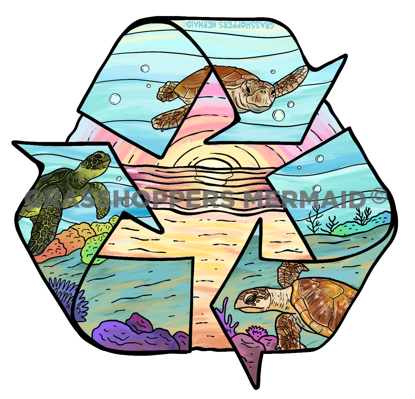 Watercolor Recycling Turtles Sunset