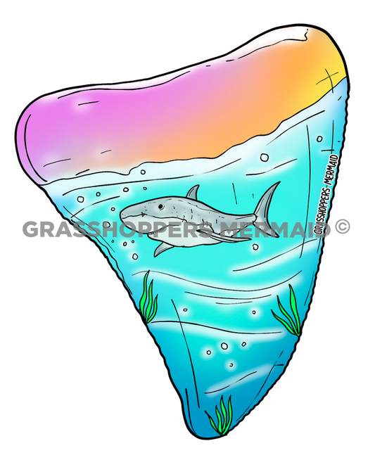 An artistic shark tooth silhouette sticker containing an underwater scene with a shark swimming in blue water and a pink and orange sunset at the top.