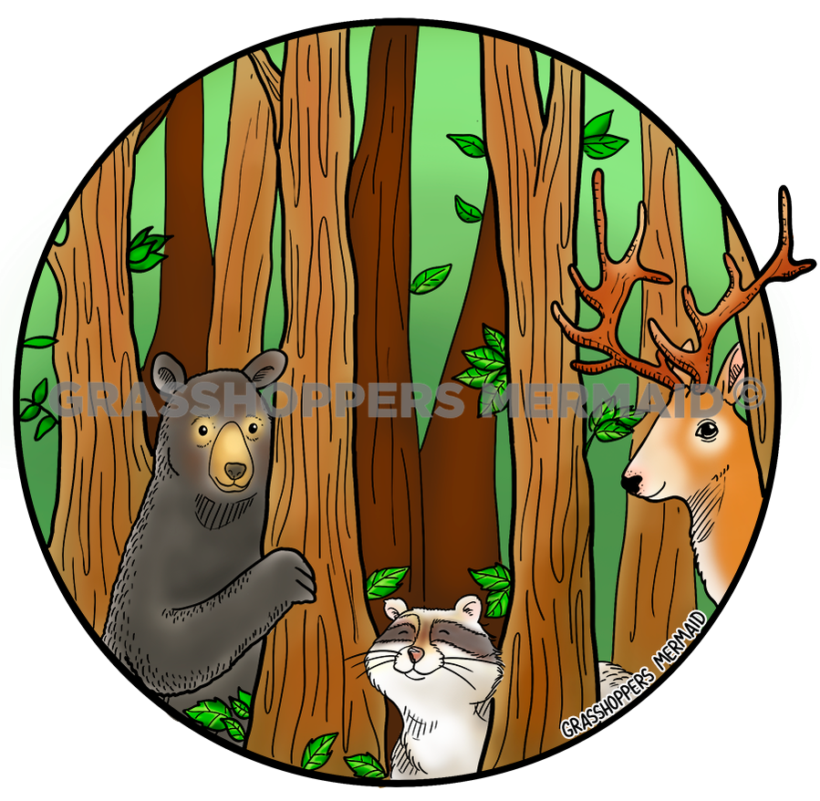 A circular sticker featuring a black bear, a raccoon, and a deer peeking out from behind several brown tree trunks in a green forest.
