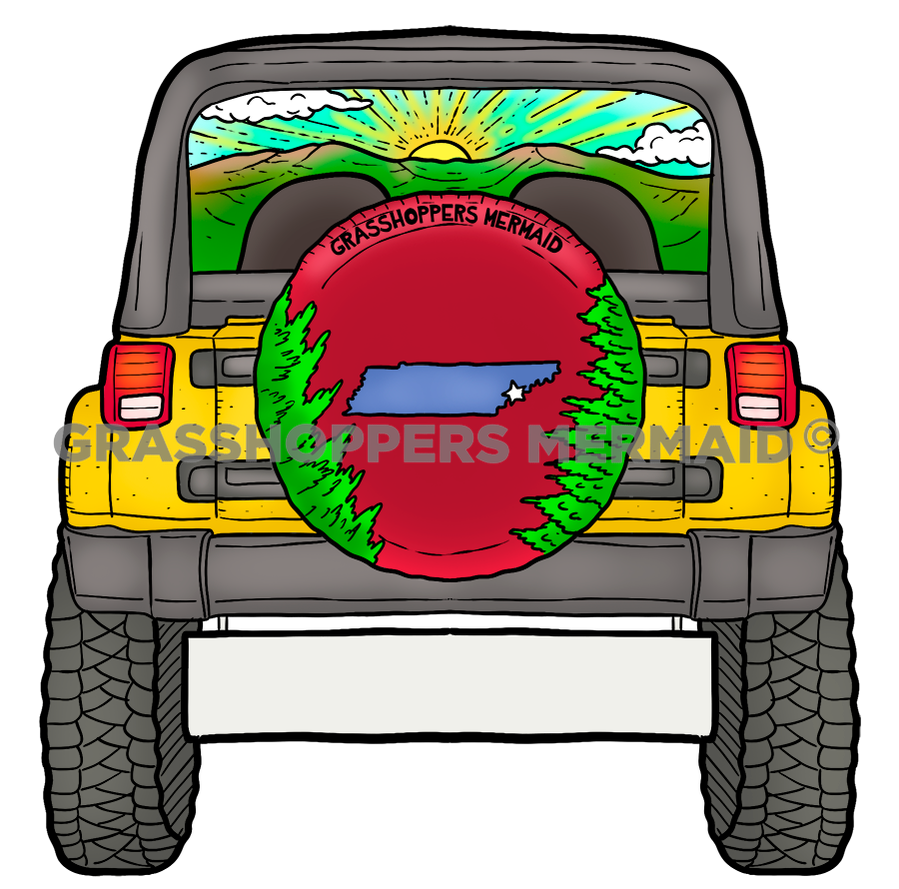 A sticker of a yellow off-road Jeep facing a mountain sunrise with a red spare tire cover featuring a blue silhouette of the state of Tennessee.
