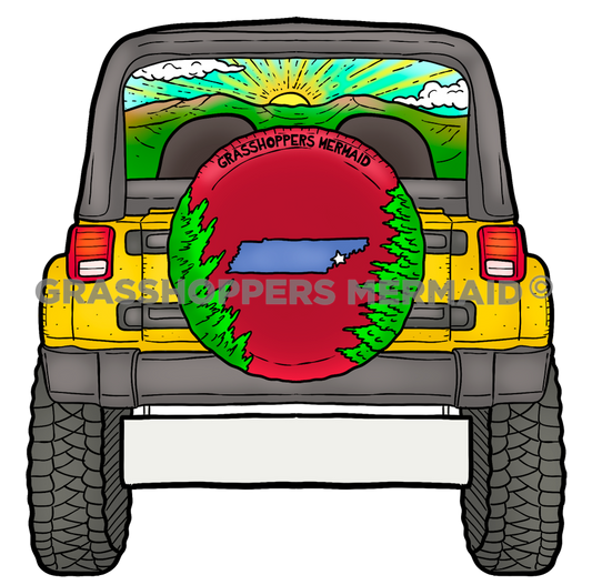 A sticker of a yellow off-road Jeep facing a mountain sunrise with a red spare tire cover featuring a blue silhouette of the state of Tennessee.