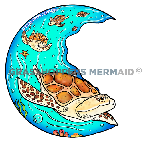 A crescent-moon-shaped sticker featuring a large sea turtle and several hatchlings swimming in a blue ocean with starfish and coral details.