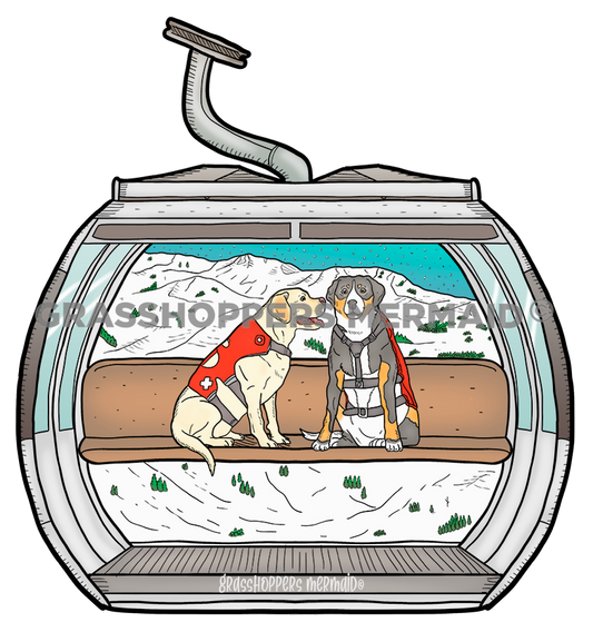 A mountain dog sticker depicting a yellow lab and a Swiss mountain dog sitting inside a ski gondola with snowy mountains and pine trees in the background.