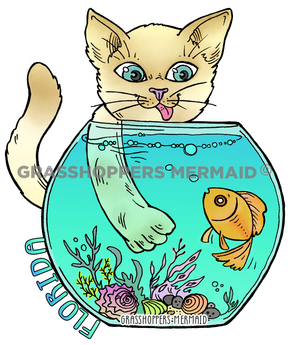 Cat Fishing Sticker – Grasshopper's Mermaid