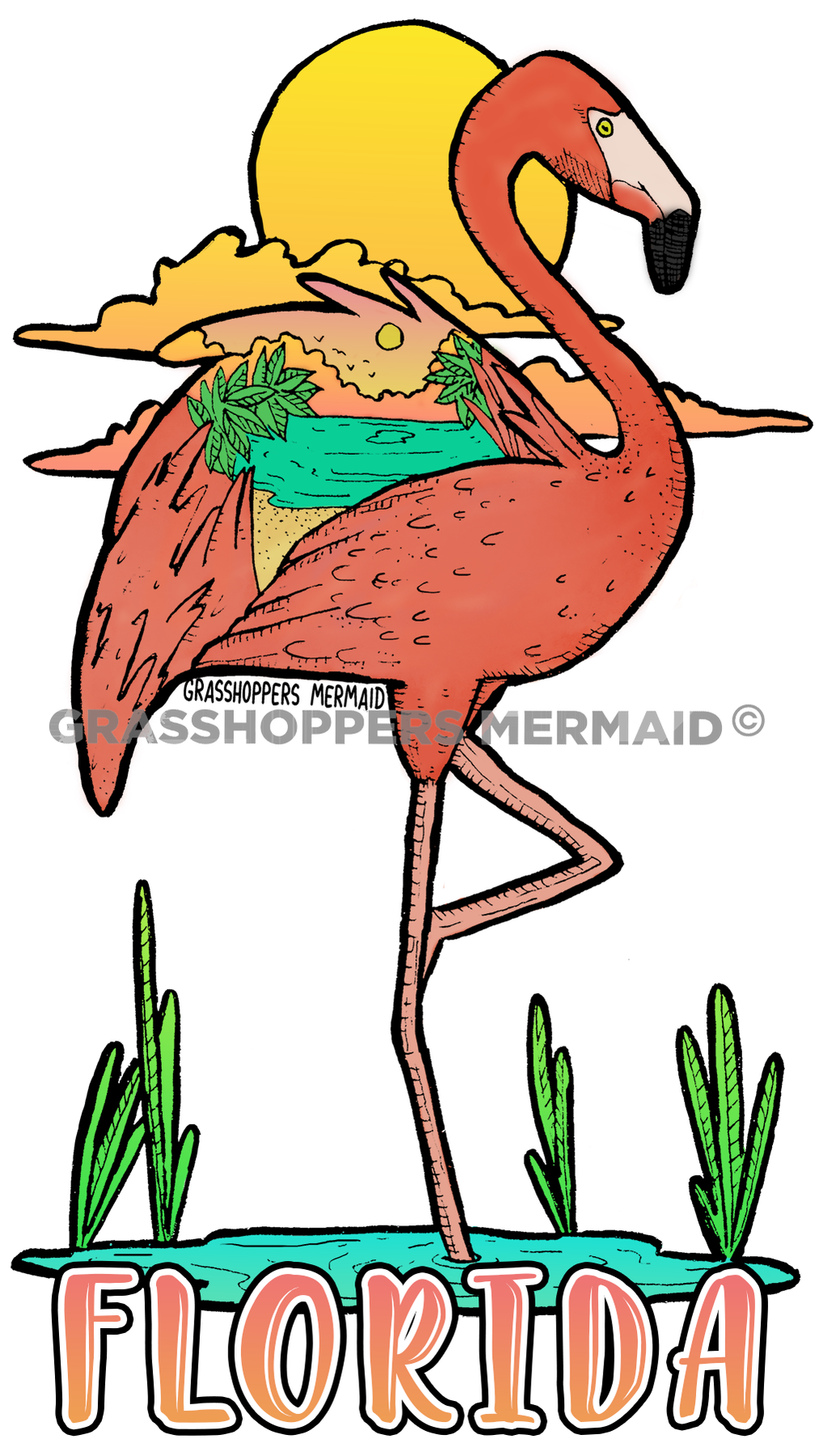 A vibrant artistic sticker of a pink flamingo with a tropical beach sunset scene hidden within its wing, featuring "Florida" in gradient text.