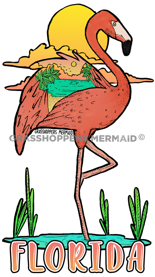 A vibrant artistic sticker of a pink flamingo with a tropical beach sunset scene hidden within its wing, featuring "Florida" in gradient text.