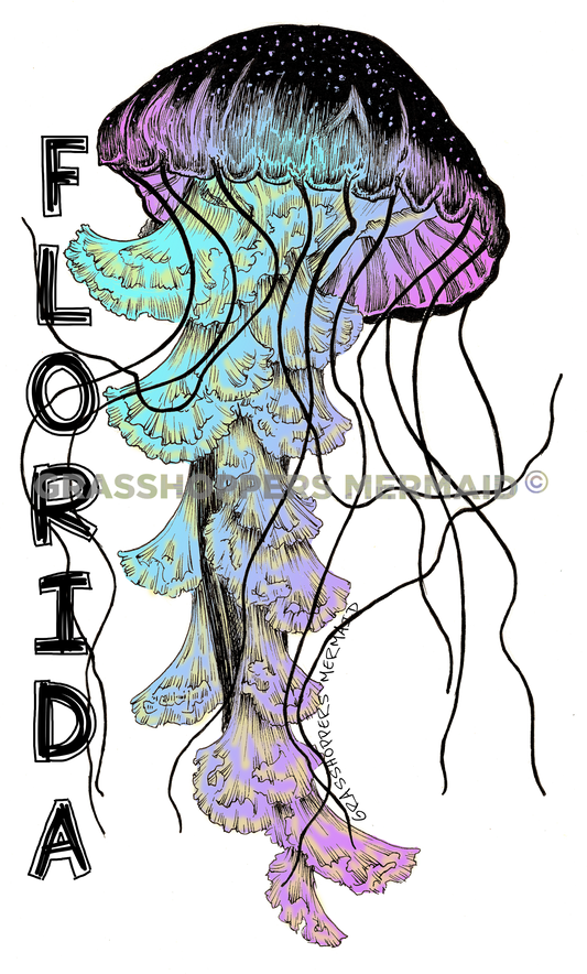 An artistic vertical sticker of a jellyfish with a dark, speckled bell and long, ruffled tentacles in neon pink, teal, and yellow, featuring "FLORIDA" written vertically in outlined letters.