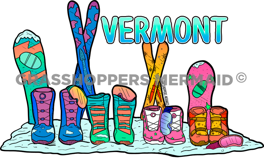 A colorful winter-themed sticker featuring a lineup of snow boots, skis, and snowboards with "Vermont" written in blue and teal gradient text.