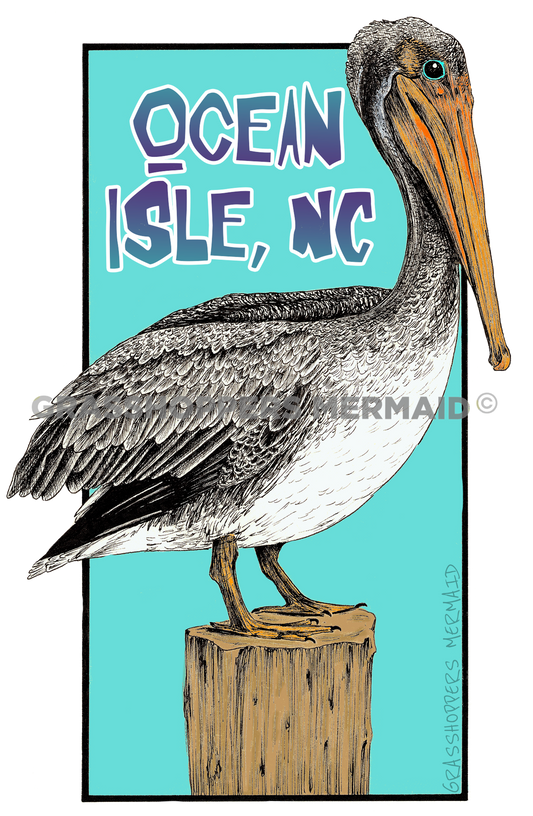 A detailed artistic sticker of a brown pelican with a bright blue eye perched on a wooden post, set against a turquoise background with "Ocean Isle, NC" text.