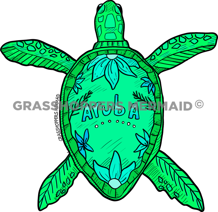 An artistic green sea turtle sticker featuring floral patterns on its shell and "Aruba" written in blue gradient text.