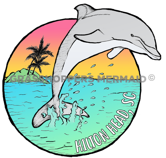 A circular artistic sticker of a grey dolphin leaping out of turquoise water with a splash, featuring a tropical island, palm trees, and a pink-to-yellow sunset with "Hilton Head, SC" text.