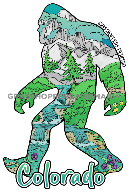 A Bigfoot silhouette sticker containing a landscape of waterfalls, pine trees, and snowy mountains with "Colorado" written at the bottom.